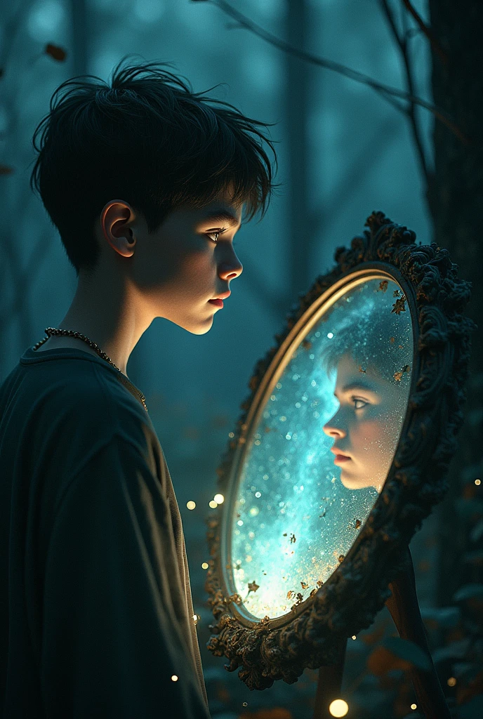 A teenage boy found a dirty mirror in the woods, and in the mirror, it's him but with an incredible light.