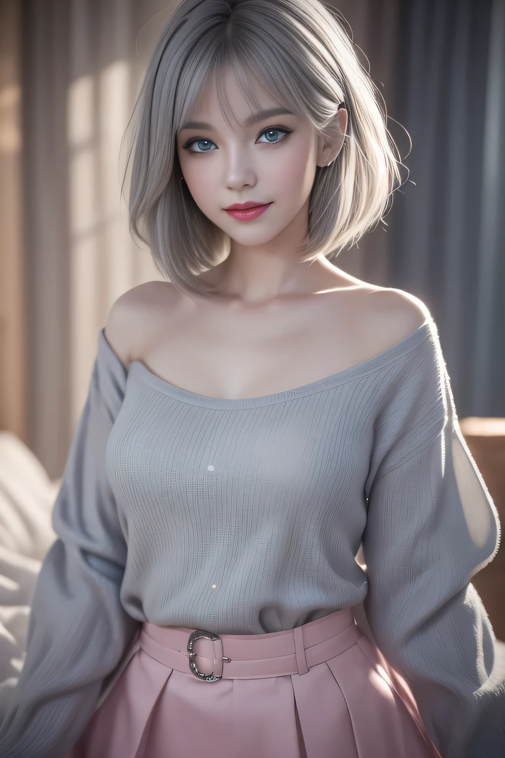 (blue eyes:1.2)、The most beautiful smile、(Gray hair:1.5)、、short hair, (Original Photography、Top quality)、(realism、Photorealistic:1.3)、Top quality、masterpiece、Extremely exquisite and beautiful、Very detailed的、nffsw、Sense of solidarity、2k wallpapers、Gorgeous、Every detail is beautiful、masterpiece、A faint smile、Top quality、Highly detailed Unity 8k wallpaper、Huge file size、Extremely detailed、high resolution、Very detailed、1 female、slim、D cup、(Black tights:0.7)、(Pink skirt:1.2)、Look ahead、Clear focus、Close-up of face、Pure face_v1:0.8.short hair、Instagram、The viewer's perspective、Selfie