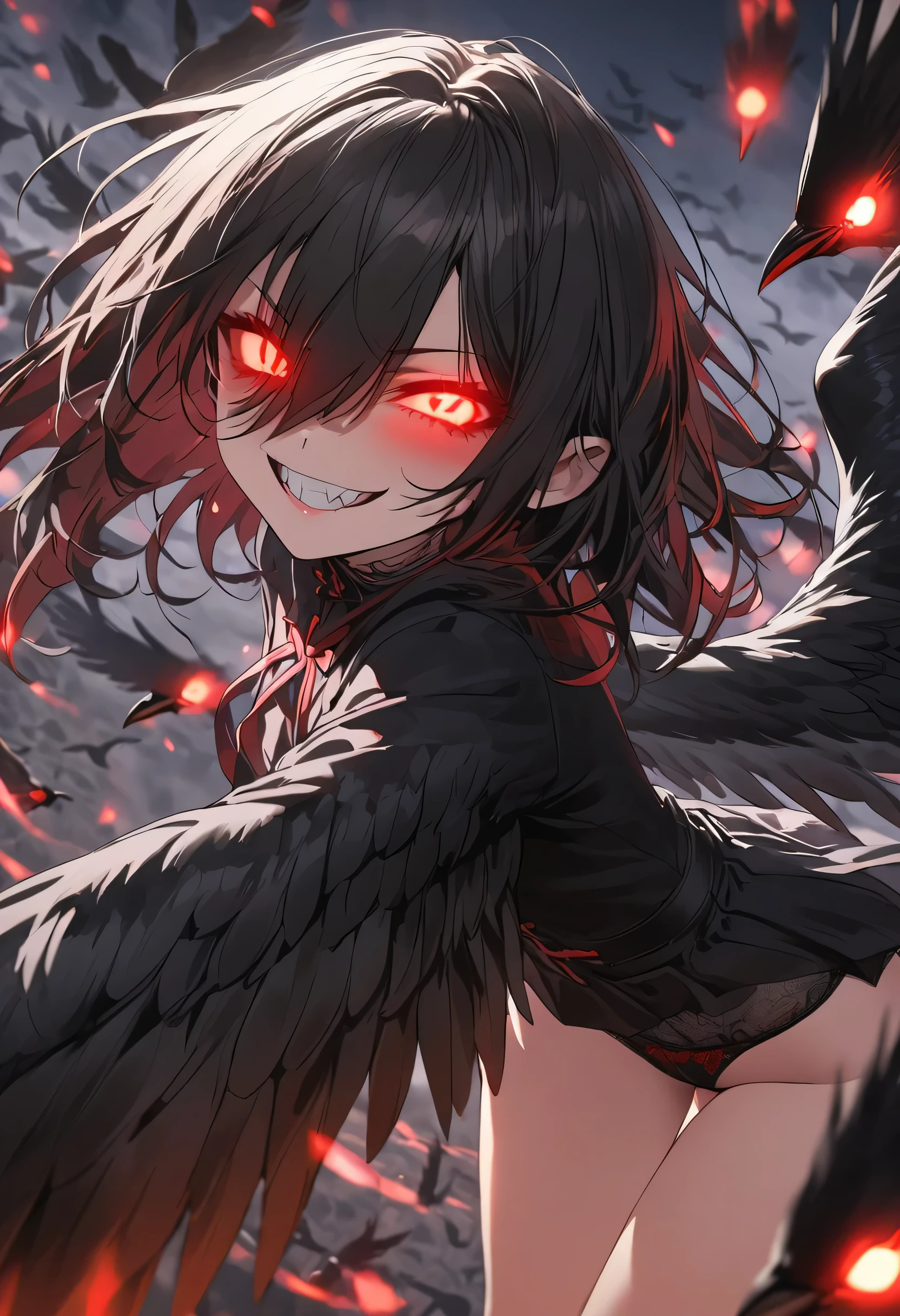 girl, sinister smile, in panties, black wings behind, black hair to the eyes, red glowing eyes, brutal, crows flying from above
