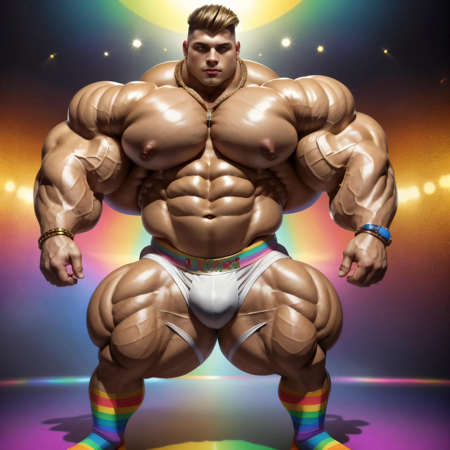 full view full body, the biggest heaviest hyper-massive overmuscular bodybuilded young white european effeminate guy with hype gay undercut haircut, lots of gay jewelery, shirtless showing off over-inflated and over-bloated huge pecs, double-biceps, legs, abs, wearing latex shiny shorts and rainbow socks, no shoes, gay necklaces, bracelets, rings,, dancing in his socks in gay disco, showing off his rainbow socks, many various gay dancers behind