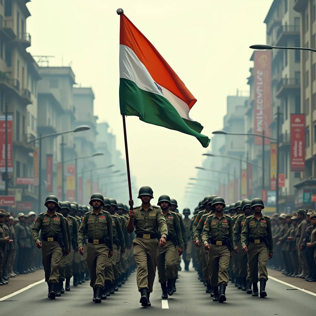 The image shows a large group of Indian soldiers marching on a street. The soldiers are wearing camouflage uniforms and helmets, and are holding Indian flags. The street is lined with buildings on both sides, and there are banners and advertisements on the buildings. In the center of the image, there is a large Indian flag waving in the wind. The sky is overcast and the overall mood of the scene is somber.