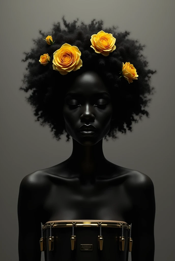 Silhouette of a Black woman's face, looking serious straight ahead with her curly hair and yellow roses in her hair, with drums around his face and the background is completely gray