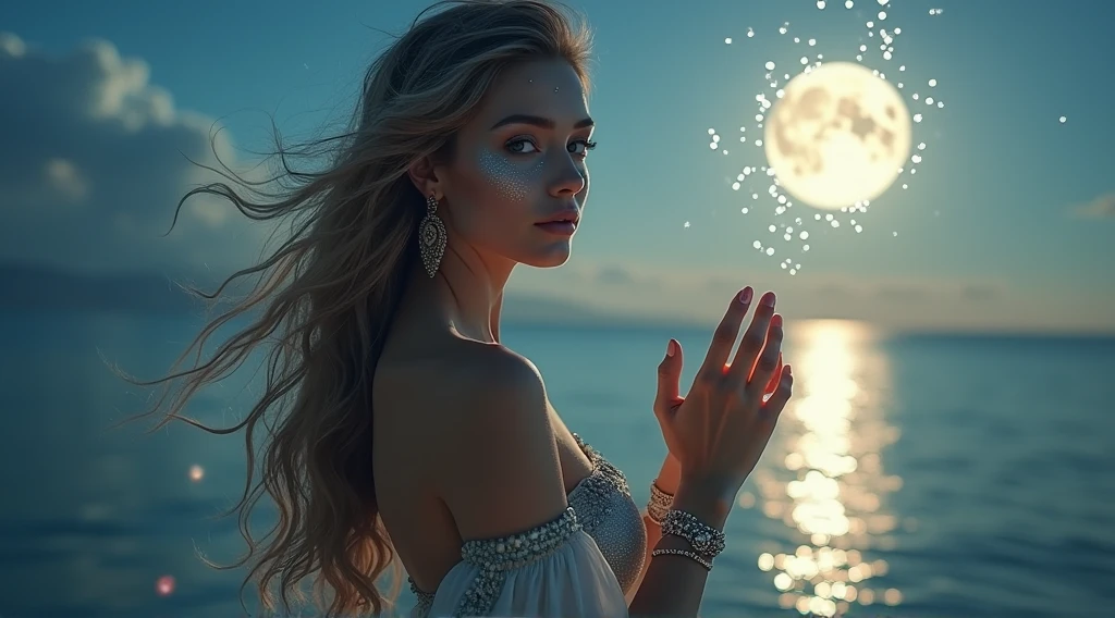 A hyperrealistic image of a woman embodying the zodiac sign of Cancer. Her hair is long and wavy, with makeup that evokes the mystique of the sea: silvery shadows on her eyelids that mimic the moon's reflection on the water and small star-shaped crystals on her cheeks that reflect the light. She wears a flowing silver dress, with details resembling shells and corals, embracing the marine theme. In his arms, She wears bracelets that look like they are made of pearls and fishing nets, and her nails have an artistic design that mimics crab claws. The scene is set under a bright full moon, with intense reflections on the calm sea. Faint brushstrokes of light can be seen surrounding the moon, connecting sky and water, while small floating lights and ethereal flashes dance around her, creating a magical and celestial atmosphere. The setting,, although realistic, is imbued with an aura of fantasy, with lighting effects that highlight the mystical and emotional elements of Cancer, as if the image were captured by a professional photographer in a dreamlike world., with bright magical lights, Warm and soft lighting, vibrant colors, ethereal and atmospheric, Very detailed, 8k, photorealistic, masterpiece