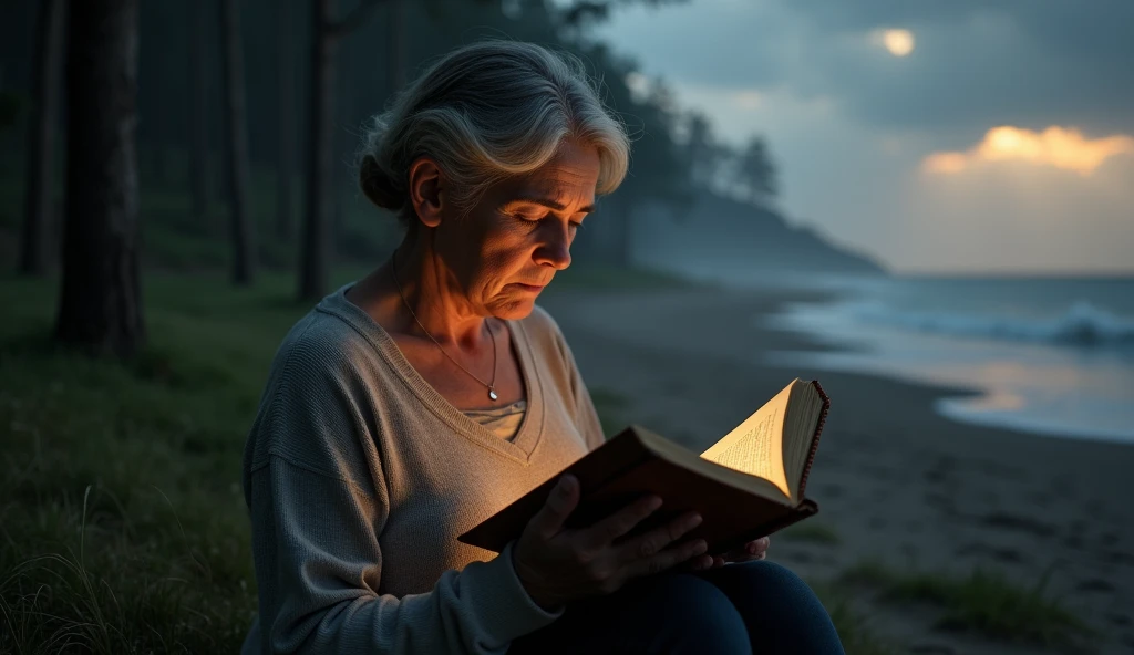 Create an emotionally impactful scene that represents a moment of difficulty, where a main character, a middle-aged woman with an expression of sadness, she is in a natural setting, like a dense forest or a deserted beach at dusk. She holds an open Bible in her hands, with eyes closed, As she recites a psalm. Soft rays of light pierce through the trees or reflect on the water, symbolizing the presence and protection of God. Ao fundo, visual elements that represent challenges, like an approaching storm or a steep road, contrast with the serenity of the moment. The image should capture the feeling of hope and comfort, highlighting the divine love that surrounds the character in her solitude.