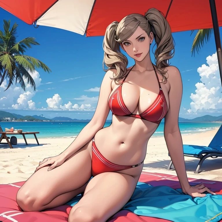  ((Master quality, 8K, masterpiece:1.3, ultra-detailed, high resolution, RAW Photos, detailed Realistic background, cinematic lighting)), Actual, Realistic, photo, HDR, BREAK, detailed eyes, perfect anatomy, perfect hands, BREAK, , One person alone, dsann(persona 5), beautiful , (Sitting on a Sun_lounger and posing sexy, spread legs), blonde twin pigtails hair, ( Round and Stacked Breasts ), , Cleavage, Slim waist, , smile:1.5, Sweat-soaked skin, wearing( Slingshot Swimsuit, ), , BREAK, ( Random Angle, full-body, ), dynamic angle, Beach_parasol, Beach cocktails on a round table, outdoor, beach