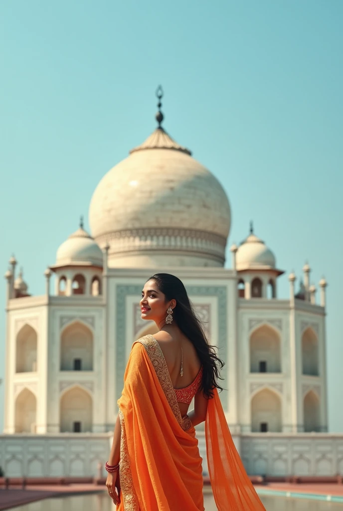 Rashmika mandhana in saree in front of taj mahal