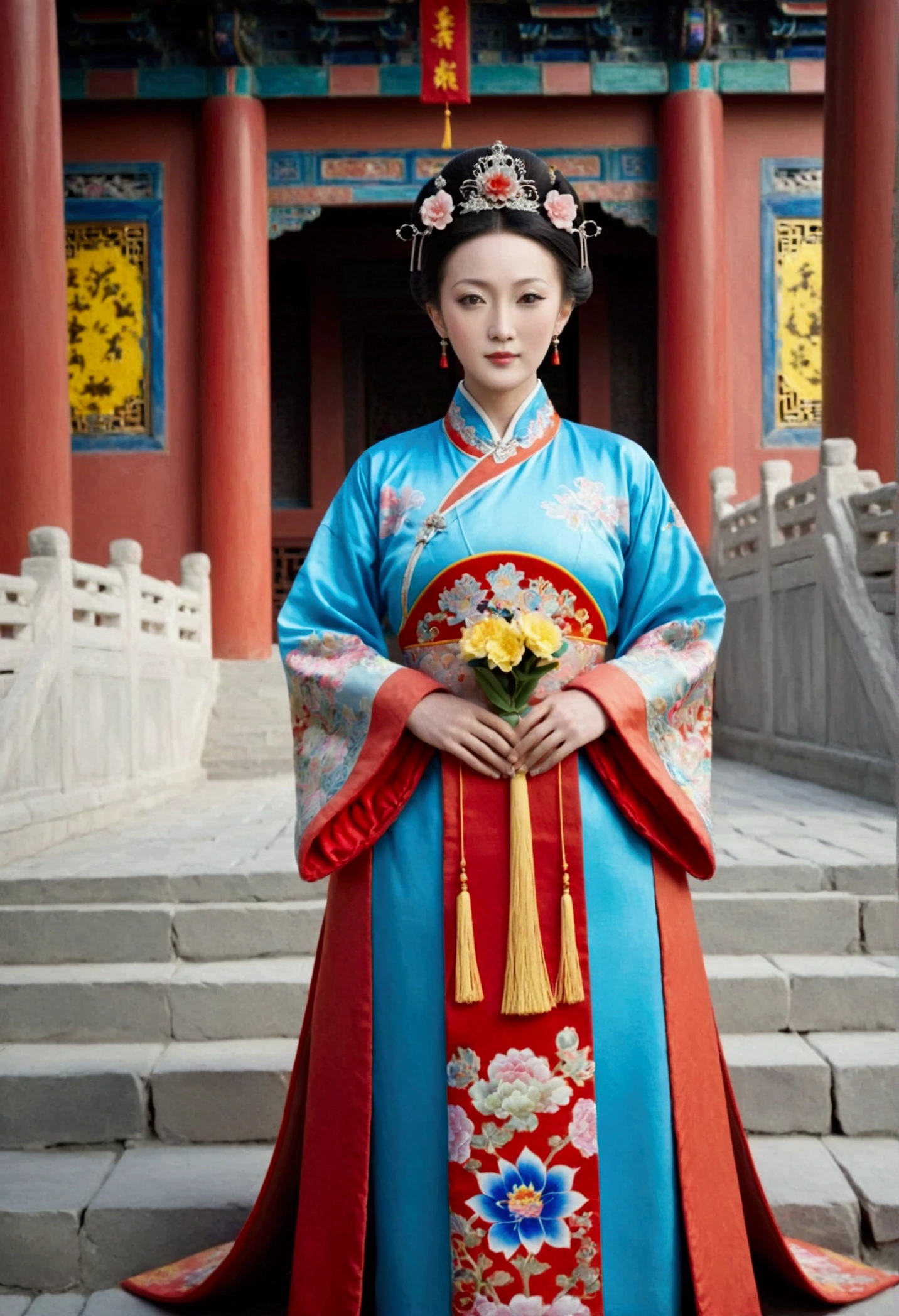 A full-length portrait of the Empress of the Qing Dynasty in a palace during the Qing Dynasty. She is naked and has large breasts.. She is wearing a crown and a flower hairpin.、. The background is the stone paving of a Chinese palace during the Qing Dynasty....