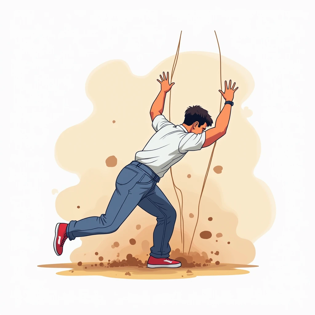 ,, handsome muscular shirtless brown bearded hairy man laughing hands behind back tied in hogtie position on top of a fallen log, wearing suspenders and a jeans, tickled ribs, feet tickling by hands forest background,, ribs tickling,