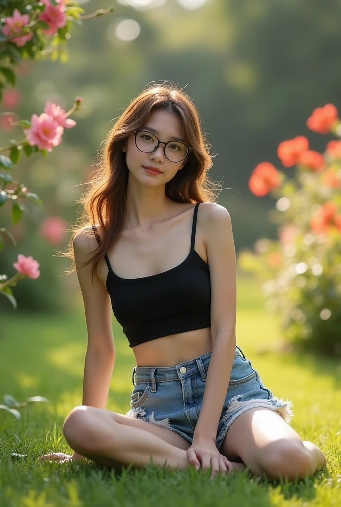 8K, masterpiece, ultra HD, intricate detailed, RAW photo, highly detailed, RAW photo, best quality, A beautiful Taiwanese girl, 22 years old, pale skin, real skin, slightly smile, black spaghetti strap crop top tanktop, arms up, small breast, ((ripped denim mini skirt:1.3)), black round glasses, ((jumping high front view:1.5)), ((spreading legs:1.4)), (sitting on a grass of flowery garden:1.5), front view:1.5, modeling pose, Blured background, depth of field, (lift skirt by myself, show my white panties:1.1), half body shots, closer photo taken, barefeet, Slim body, slender legs, slim muscular body, small breast, wavy hair, ash-brown hair color, ((front view, from below:1.5)),white panties,soft front lighting,1 girl ,solo,beauty,1girl, nipples projection, backlight golden hour, cinematic lighting, (((from below)))
