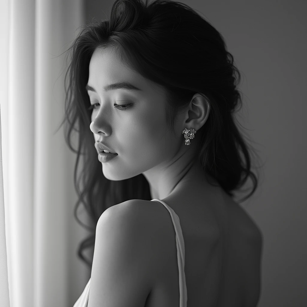 A close-up of a young woman's bare back with a black and white photo filter