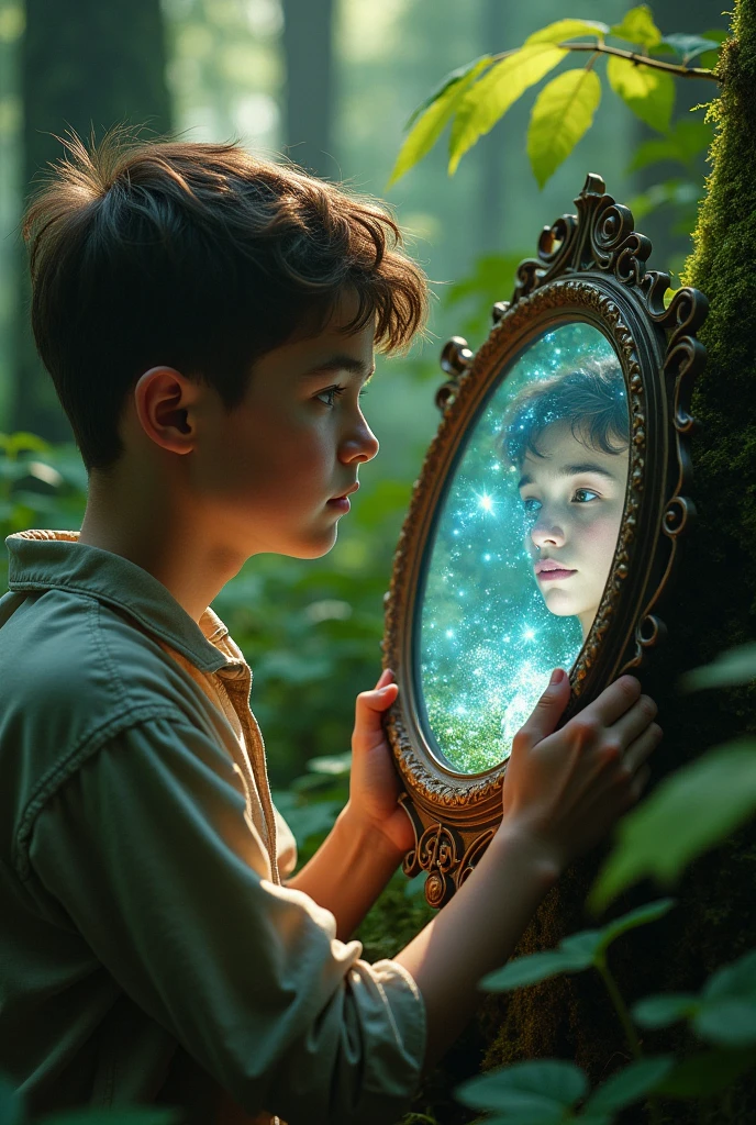 A teenage boy found a dirty mirror in the woods, and in the mirror, it's him but with an incredible light.