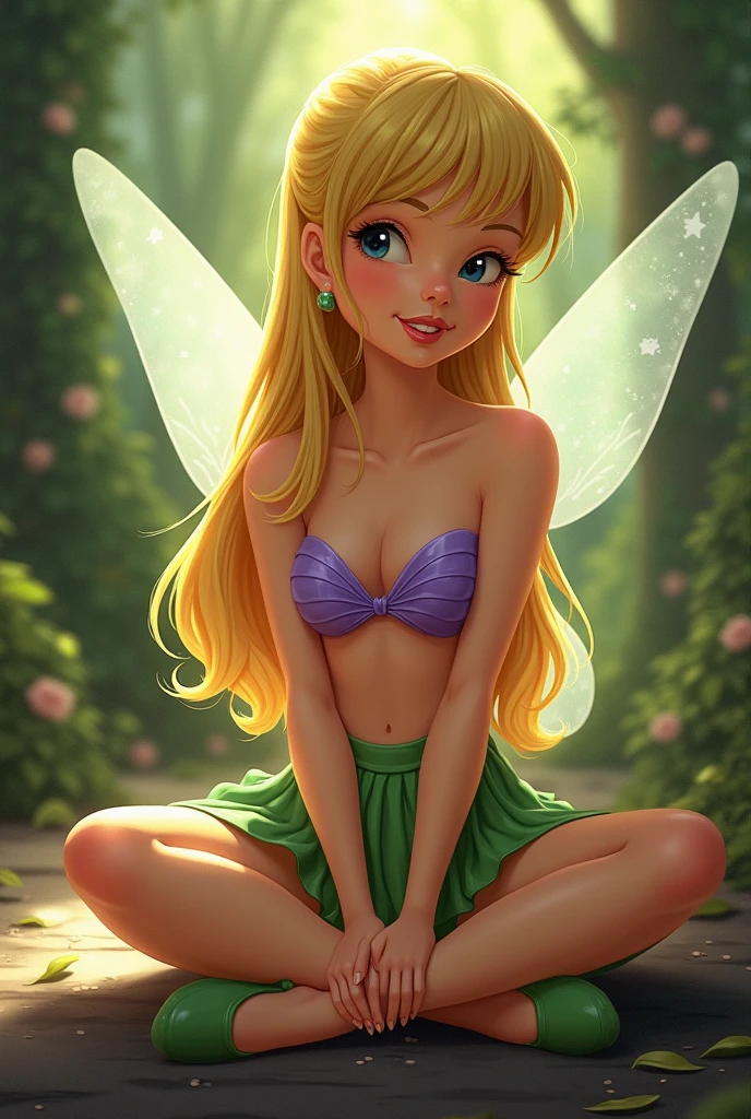 Tinkerbell with long hair, dark blond color, green short skirt, sitting, looking forward, with the purple seashell top from the Little Mermaid, with green ballet slippers, animated cartoon , The light is coming from the front, shining on his face. 