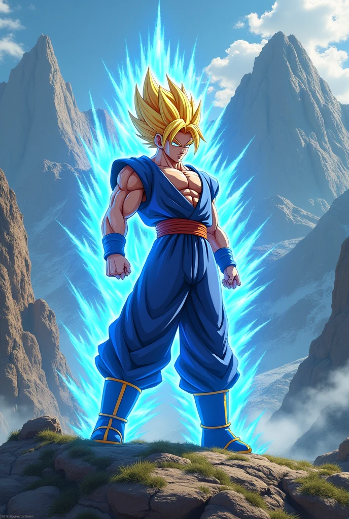 Super Saiyan Blue Goku, training in outdoor martial arts, He stands atop a massive mountain, Yellow hair, Naruto