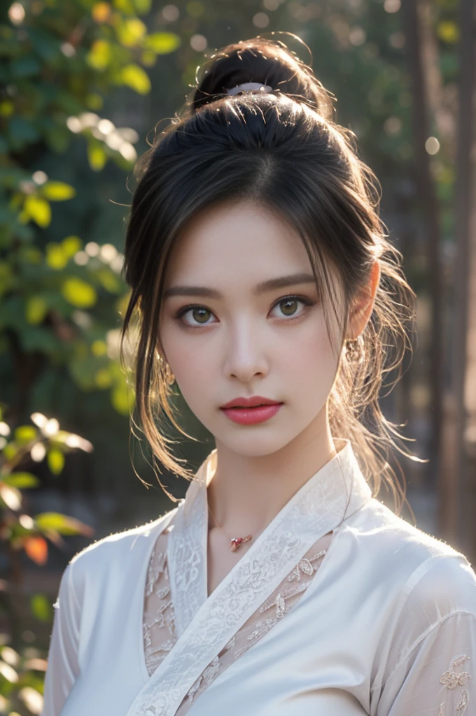 1 beautiful girl in Hanfu costume, ((white thin purple silk shirt with a lot of texture)), white lace top, long purple platinum ponytail Hair, Jewelry, ear jewelry, necklaces and necklaces, carefully drawn big purple eyes, makeup careful, thin eyebrows, high nose, beautiful red lips, no smile, pursed lips, rosy cheeks, wide breasts, big breasts, proportional breasts, slim waist, purple fishnet socks, chinese hanfu style, fictional art texture, colorful bright and realistic, RAW Photo, Realistic Photo, ultra high quality 8k surreal photo, (effective fantasy light effect: 1.8), 10x pixels, magical effect (Background): 1.8), ultradetailed eyes, full body portrait of girl , Chinese royal garden background, dynamic pose