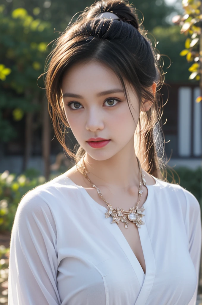 1 beautiful girl in Hanfu costume, ((white thin purple silk shirt with a lot of texture)), white lace top, long purple platinum ponytail Hair, Jewelry, ear jewelry, necklaces and necklaces, carefully drawn big purple eyes, makeup careful, thin eyebrows, high nose, beautiful red lips, no smile, pursed lips, rosy cheeks, wide breasts, big breasts, proportional breasts, slim waist, purple fishnet socks, chinese hanfu style, fictional art texture, colorful bright and realistic, RAW Photo, Realistic Photo, ultra high quality 8k surreal photo, (effective fantasy light effect: 1.8), 10x pixels, magical effect (Background): 1.8), ultradetailed eyes, full body portrait of girl , Chinese royal garden background, dynamic pose