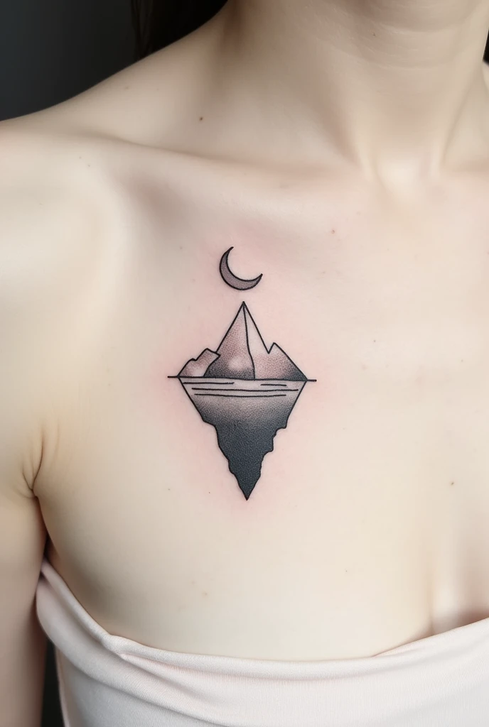Tatouage d’une flèche qui signifie aller de l’avant, avec iceberg avec un un morceau de lune en haut en minimaliste et geometric en petit