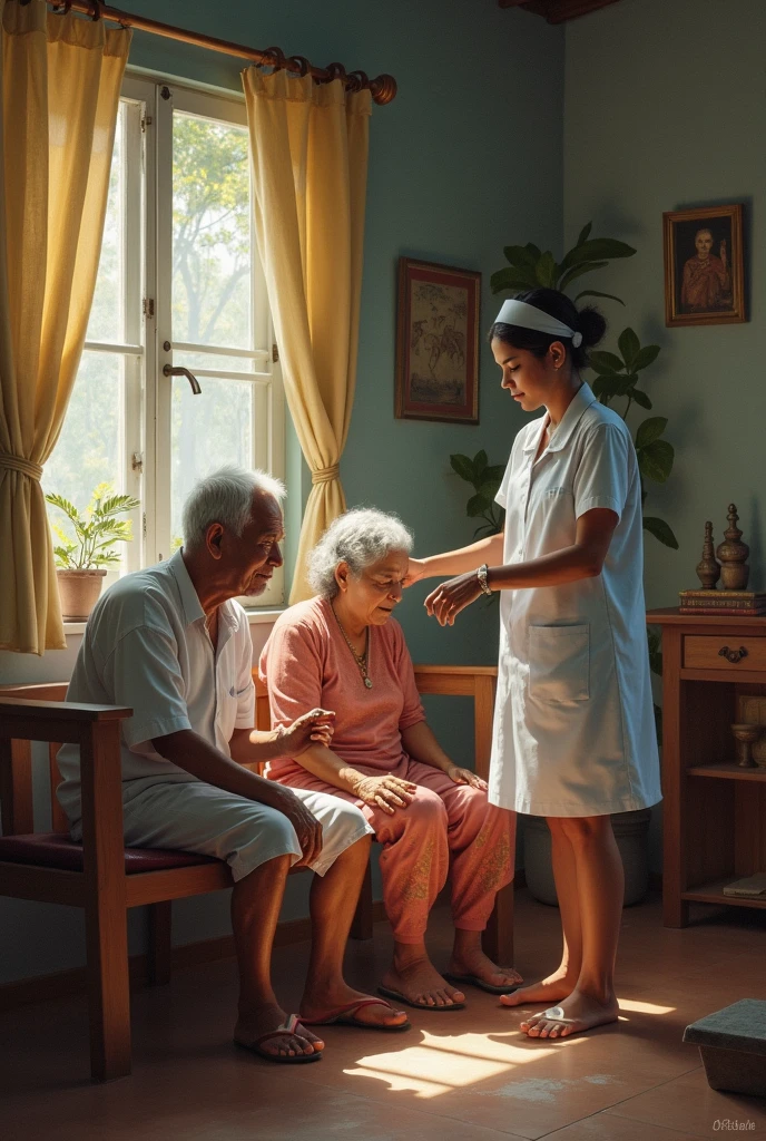 Care of an elderly Sri Lankan couple by a young lady nurse