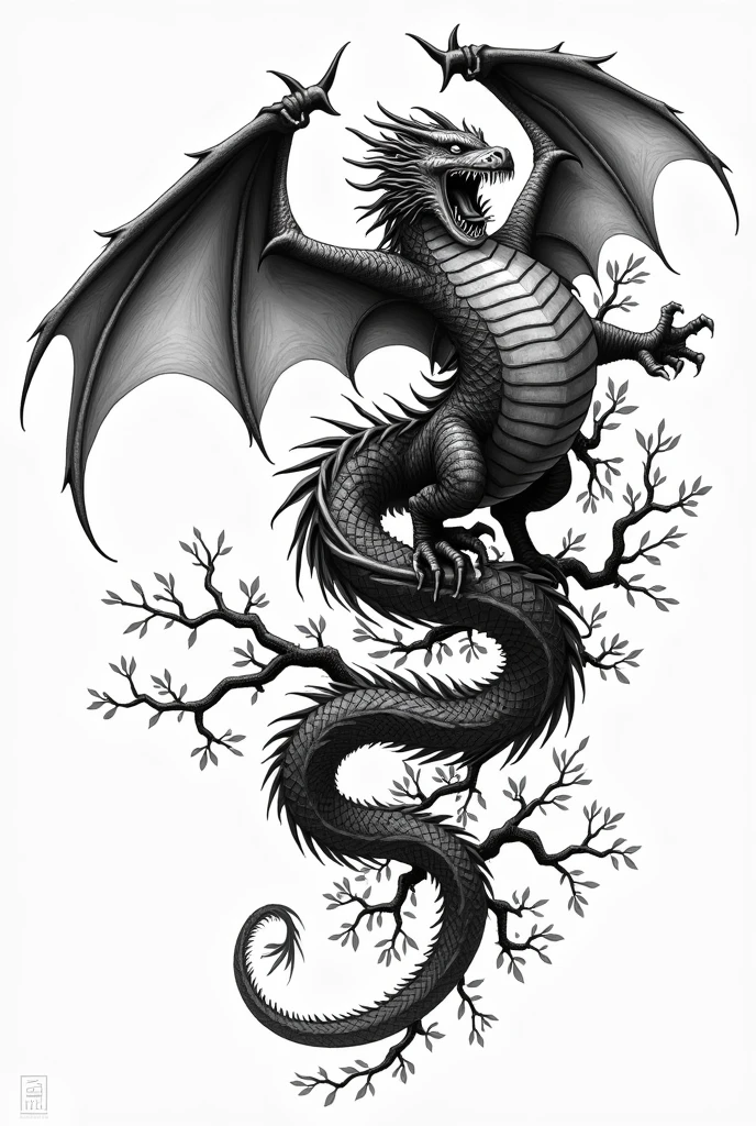 A tattoo design with a dragon with wings winding around branches with leaves from above, roaring with visible teeth, all in black and white but with more light than dark.