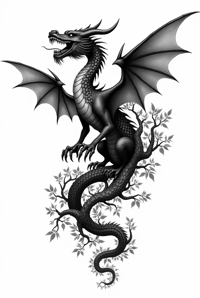 A tattoo design with a dragon with wings winding around branches with leaves from above, roaring with visible teeth, all in black and white but with more light than dark.