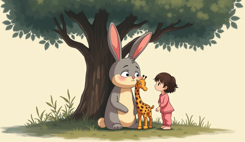 A sad cartoon bunny sits under a tree, next to it stands a plush giraffe toy and a little cartoon girl in pink pajamas