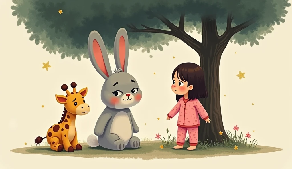 A sad cartoon bunny sits under a tree, next to it stands a plush giraffe toy and a cartoon girl in pink pajamas
