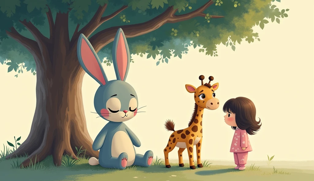 A sad cartoon bunny sits under a tree, next to it stands a plush giraffe toy and a  cartoon girl in pink pajamas