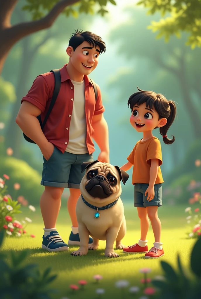 Pug with two people, one 18 years old, Chinese, tall and strong, and another , Lazio and thin with big eyes in a park
