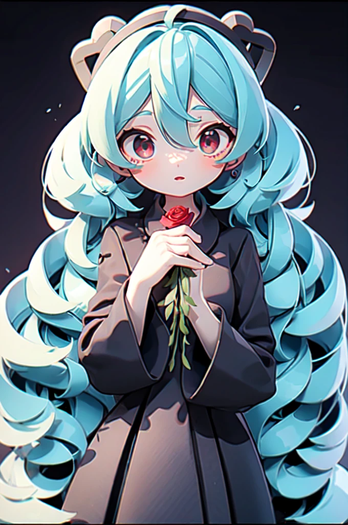 1girl, solo focus, long hair, Hatsune Miku, red eyes, black dress, black garden, holding black rose, black rose, dark vibes, night sky, masterpiece, best quality, lightstylez, flowers, dappled sunlight