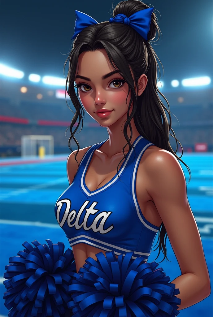 A young French woman with an appearance in her , long dark brown hair loose, tanned white skin and brown eyes, wearing blue cheerleader style clothes written "Delta" with hair tied in two bows, hands using a cheerleader pompom her expression is confident in the digital illustration style inspired by the loading screens of GTA V, low lighting and blue details. Game atmosphere, with the background on an American football field