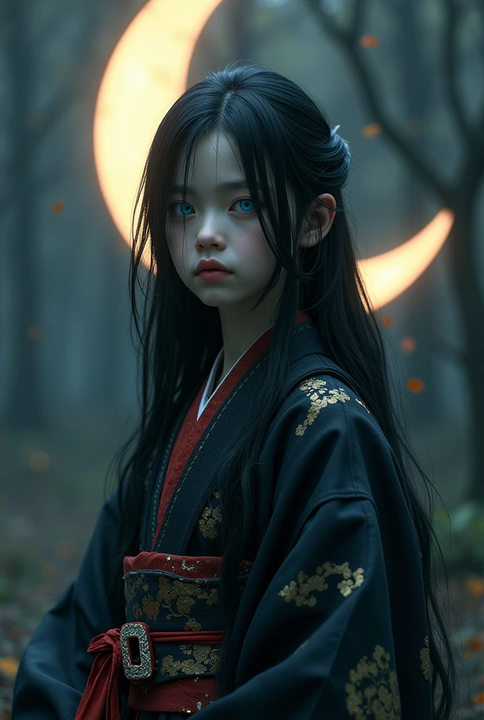 A beautiful androgynous young boy with long black hair and striking blue eyes with mismatched pupils, wearing traditional Japanese clothing, standing in a dark, moody vanitas scene with a crescent moon in the background, (best quality,4k,8k,highres,masterpiece:1.2),ultra-detailed,(realistic,photorealistic,photo-realistic:1.37),cinematic lighting,dramatic shadows,intricate details,dark fantasy,digital art