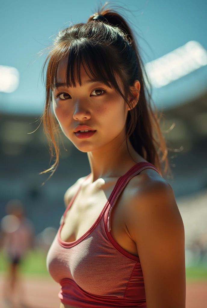 analog film photo, photo of a young pole vaulter, female, amber eyes, ponytail with shaggy bangs, tan complexion, Japanese ethnicity, beautiful face, natural beauty, sharp facial features, Amazonian stature, hourglass figure, busty bosom, full wide hips, plump round buttocks, wearing an athletic top and spandex shorts, posing under stadium lights, sweaty skin, damp clothes, RAW Photograph, dslr, soft lighting, high quality, film grain, Fujifilm XT3, detailed skin with visible pores, insane details, masterpiece, 8k, 35mm photograph, dslr, kodachrome, faded film, desaturated, grainy, vintage, Lomography, stained, highly detailed, found footage, close-up shot