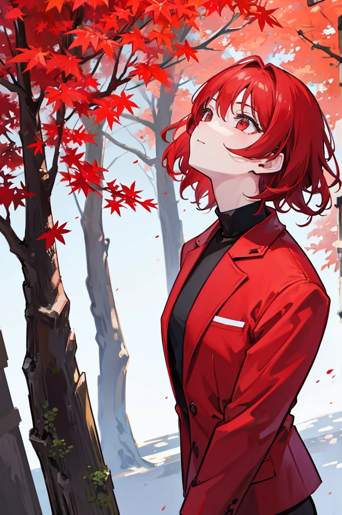 Looking up at the crimson maple tree、With red short hair、wearing a red suit jacket、Wearing a black turtleneck and black long pants、youth、man