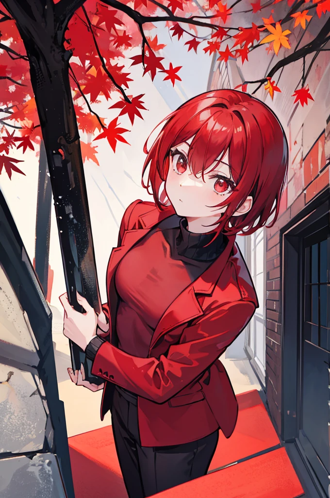 Looking up at the crimson maple tree、With red short hair、wearing a red suit jacket、Wearing a black turtleneck and black long pants、youth、man
