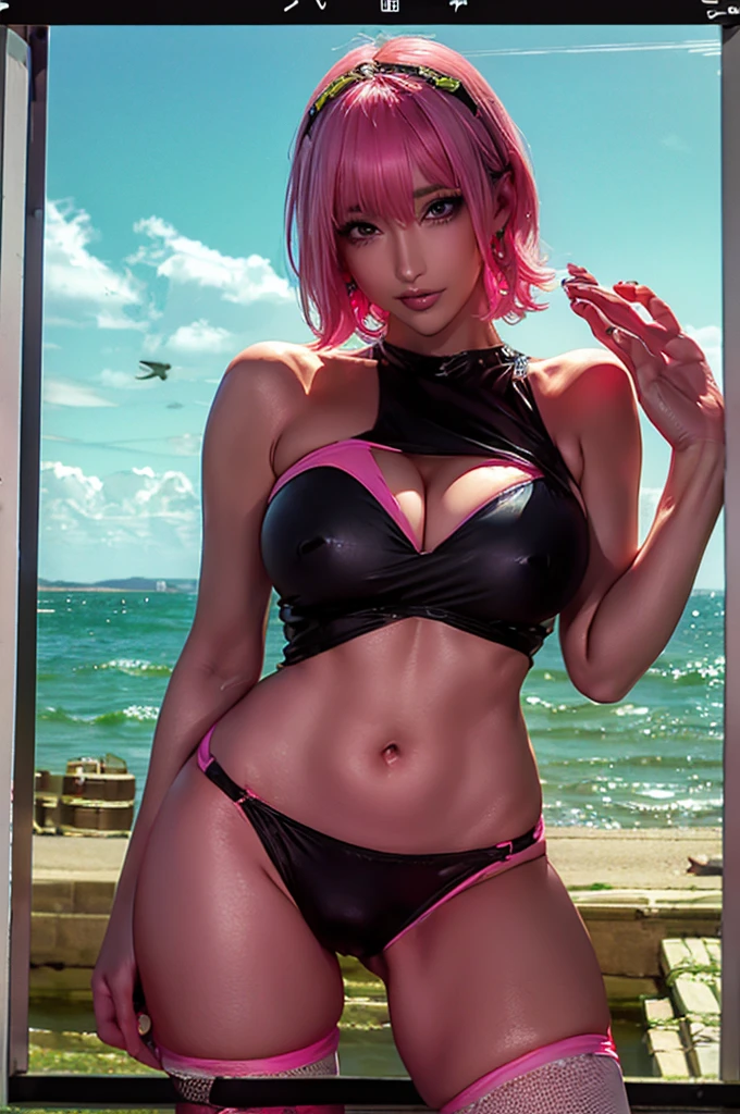 (Highest quality), Realistic, Gal,Sea of night,Night seaside,Full body,(((Big Breasts:1.2))),Sweat in the valley,Wet body,Masterpiece,Accurate human anatomy,Realistic expression,,Highly revealing,(short hair,Sharp bangs)Black panties,Fleshy crotch,(((Highest quality,Highest quality,8k images)))Pink Hair,Sexy pose,Evangelion Cosplay(Plug Suit)