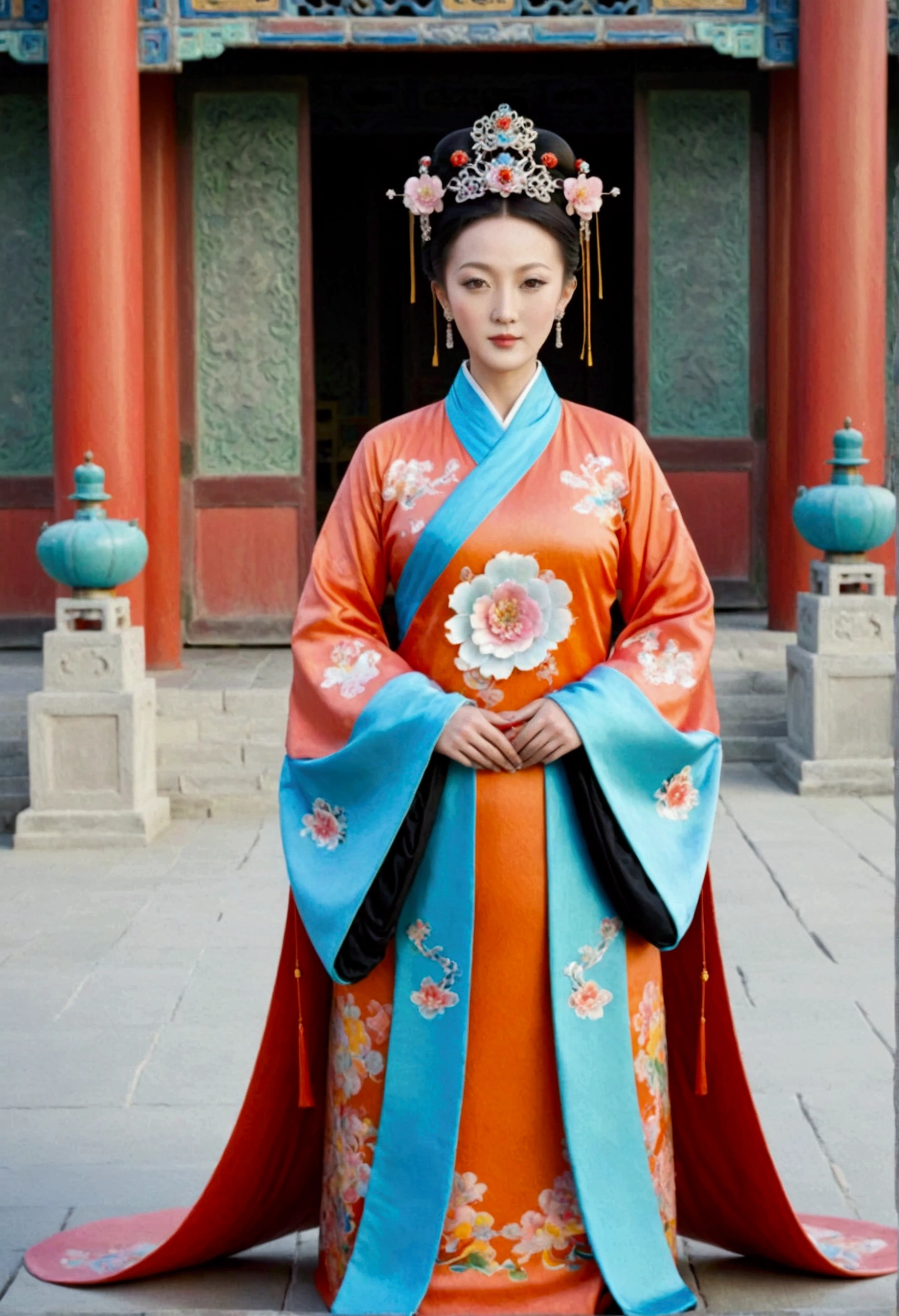 A full-length portrait of the Empress of the Qing Dynasty in a palace during the Qing Dynasty. She is naked and has large breasts.. She is wearing a crown and a flower hairpin.、. The background is the stone paving of a Chinese palace during the Qing Dynasty....