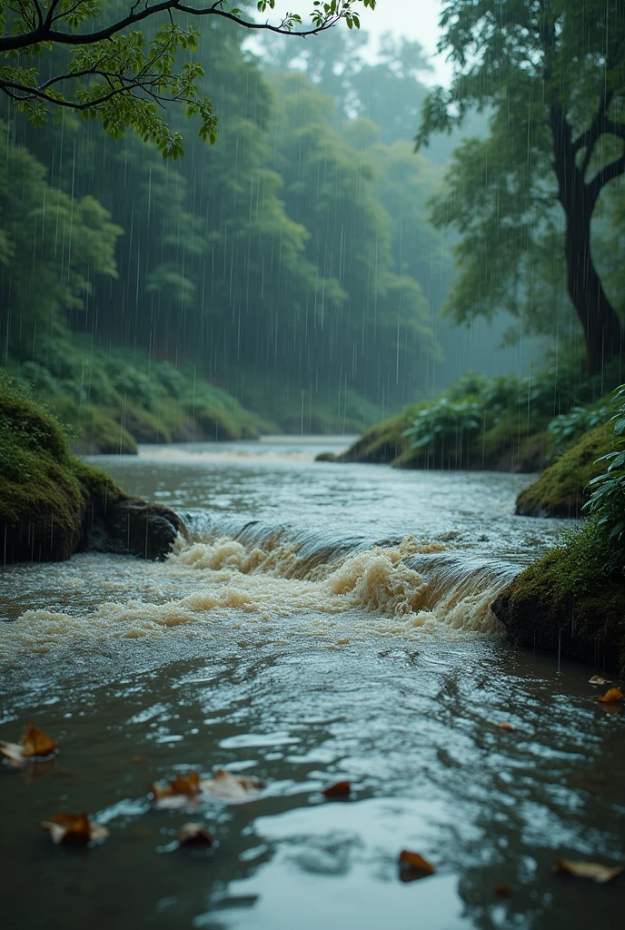 A small pond water very much overflowing because of rain (no cute no animal)