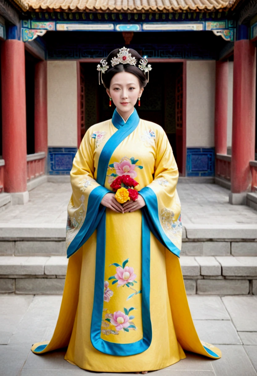A full-length portrait of the Empress of the Qing Dynasty in a palace during the Qing Dynasty. She is naked and has large breasts.. She is wearing a crown and a flower hairpin.、. The background is the stone paving of a Chinese palace during the Qing Dynasty....