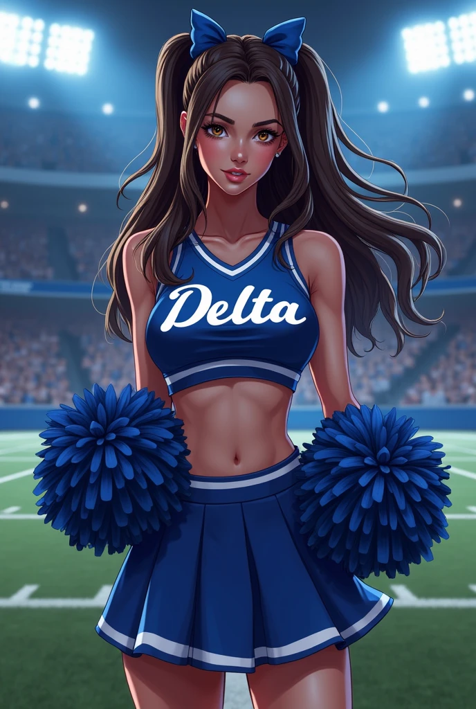 A young French woman with an appearance in her , long dark brown hair loose, tanned white skin and brown eyes, wearing blue cheerleader style clothes written "Delta" with hair tied in two bows, hands using a cheerleader pompom her expression is confident in the digital illustration style inspired by the loading screens of GTA V, low lighting and blue details. Game atmosphere, with the background on an American football field