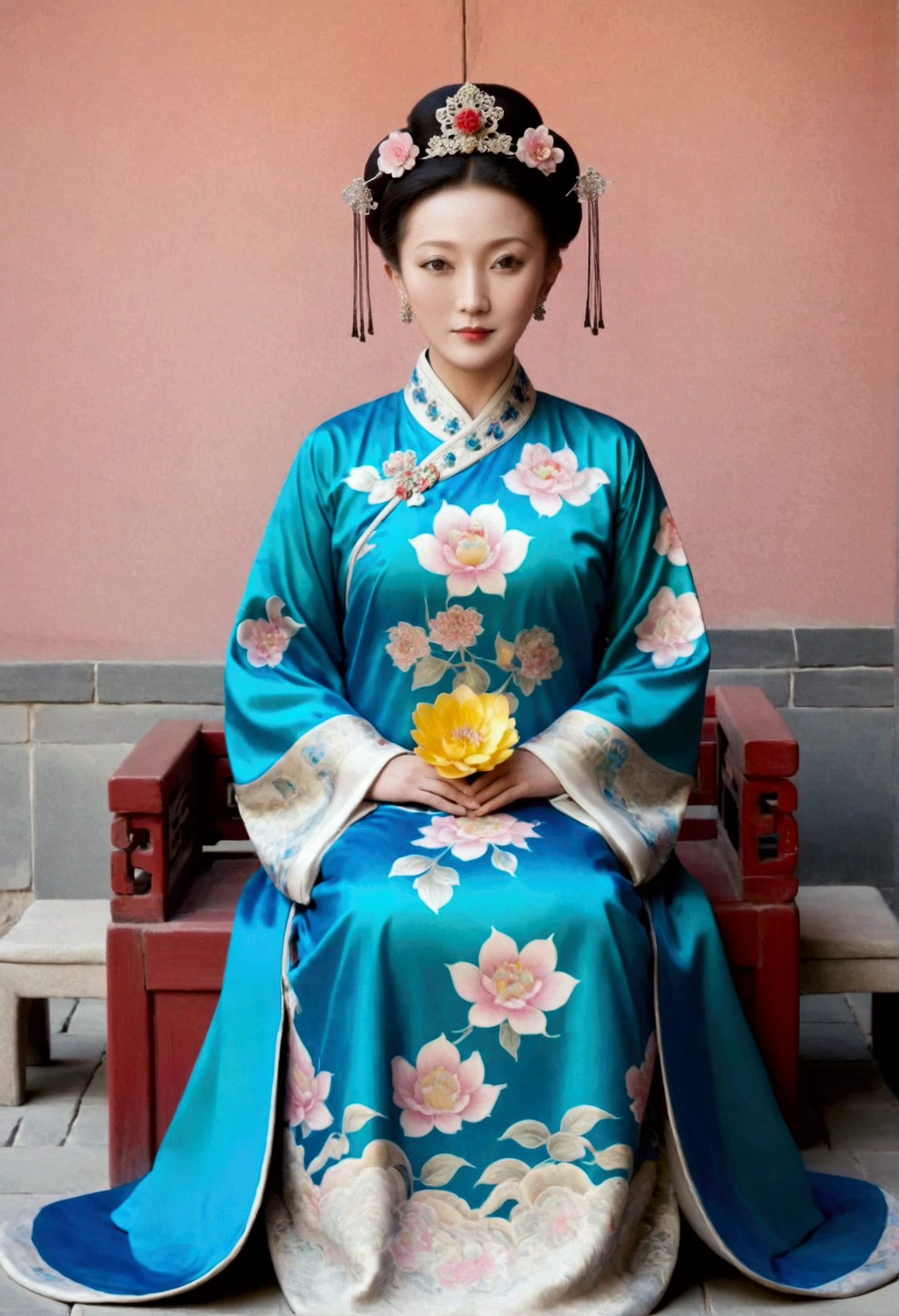 A full-length portrait of the Empress of the Qing Dynasty in a palace during the Qing Dynasty. She is naked and has large breasts.. She is wearing a crown and a flower hairpin.、. The background is the stone paving of a Chinese palace during the Qing Dynasty....