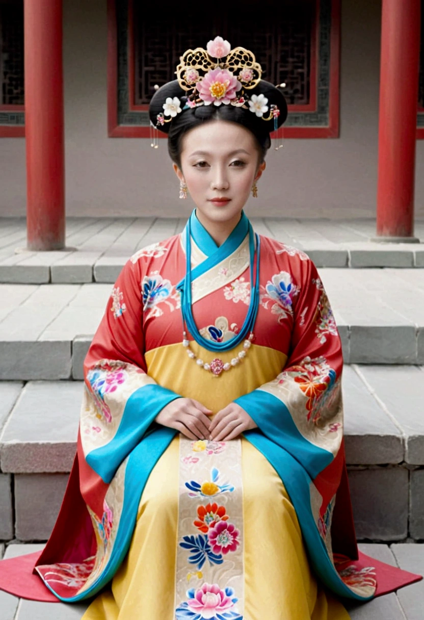 A full-length portrait of the Empress of the Qing Dynasty in a palace during the Qing Dynasty. She is naked and has large breasts.. She is wearing a crown and a flower hairpin.、. The background is the stone paving of a Chinese palace during the Qing Dynasty....