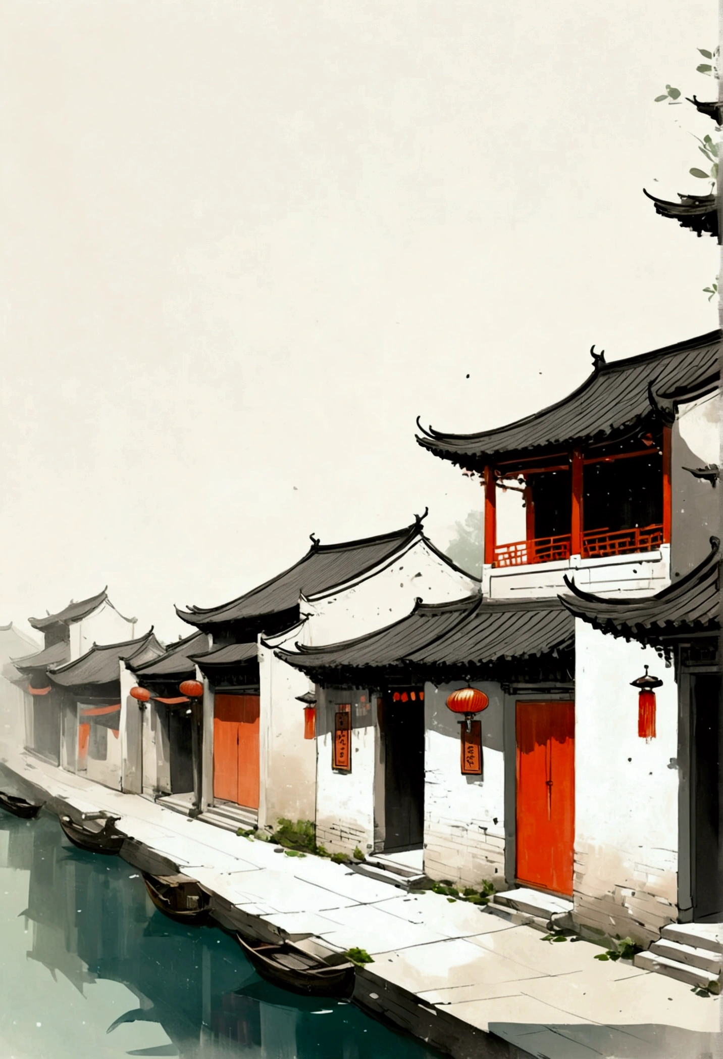 A painting,中国水墨画sketch:Light Ink,Lowercase,sketch,artistic conception,Jiangnan Ancient Town,Minimalism,(((Negative Space,Bottom left composition)))
