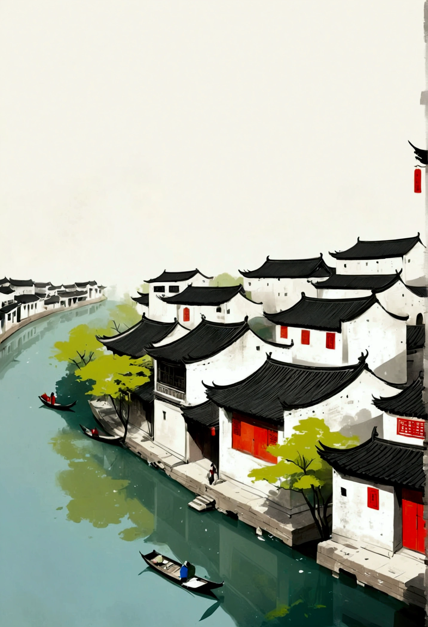 A painting，中国水墨画sketch：Light Ink，Lowercase，sketch，artistic conception，Jiangnan Ancient Town，Minimalism，(((Negative Space,Bottom left composition)))