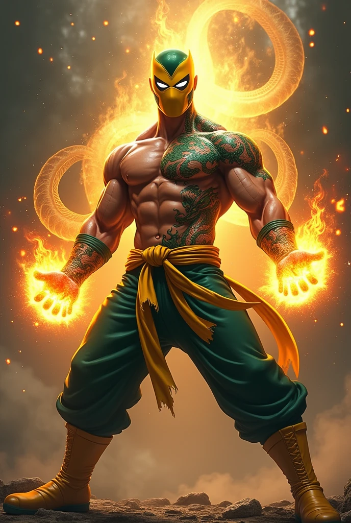 1man, shirtless, martial arts, yellow full mask, lower face out, white eye patterns with black outline, muscular, green costume, yellow belt and boots, burning fists, black dragon tatto shapes into a circle, dragon aura, mystical