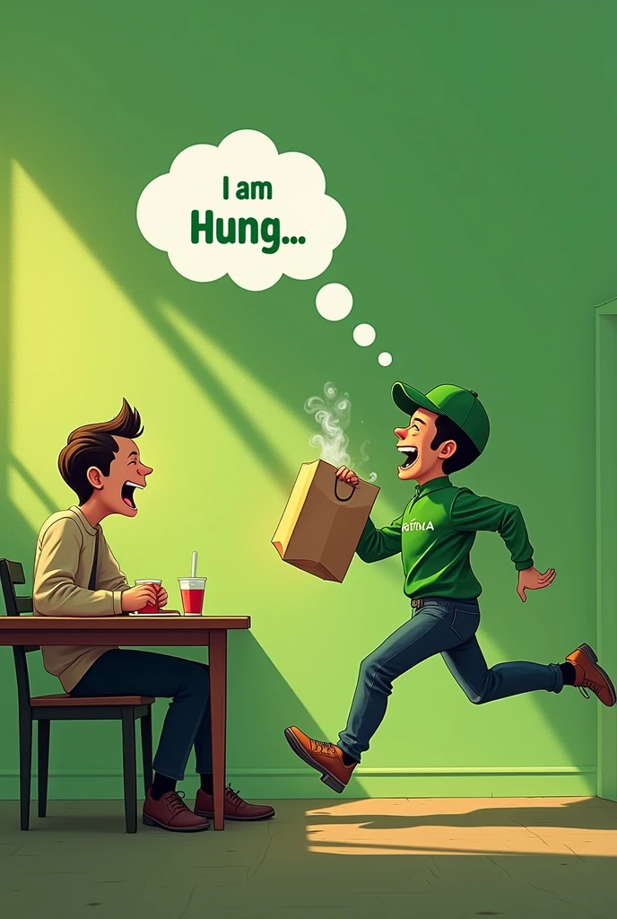 A hungry person sitting at a table, eyes closed, mouth watering, and saying "I'm hungry." In the background, a Swish delivery person is sprinting towards the person with a steaming food delivery bag. The person opens their eyes just as the delivery person arrives, revealing the food inside the bag.

Additional details:

Use vibrant, dynamic colors.
Create a sense of urgency and excitement.
The thoughts of the man should be prominently displayed.."I am Hung.."
The theme of the ad should be green
The text should be prominently displayed at the top "your food arrives faster than you can feel hungry"