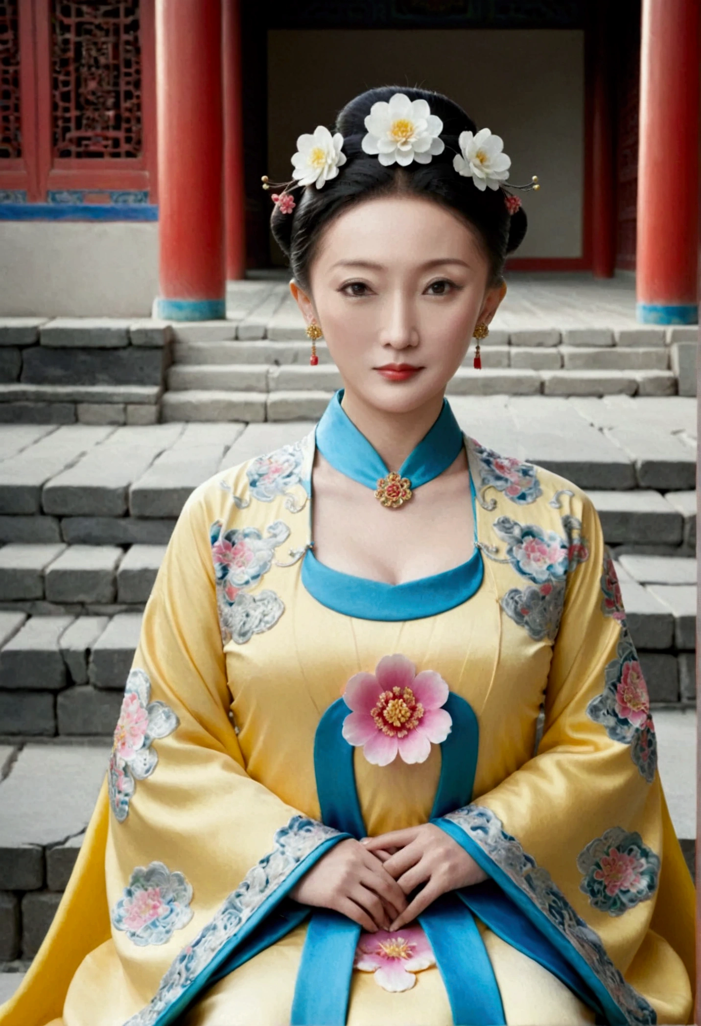 A full-length portrait of the Empress of the Qing Dynasty in a palace during the Qing Dynasty. She is naked and has large breasts.. She is wearing a crown and a flower hairpin.、. The background is the stone paving of a Chinese palace during the Qing Dynasty....