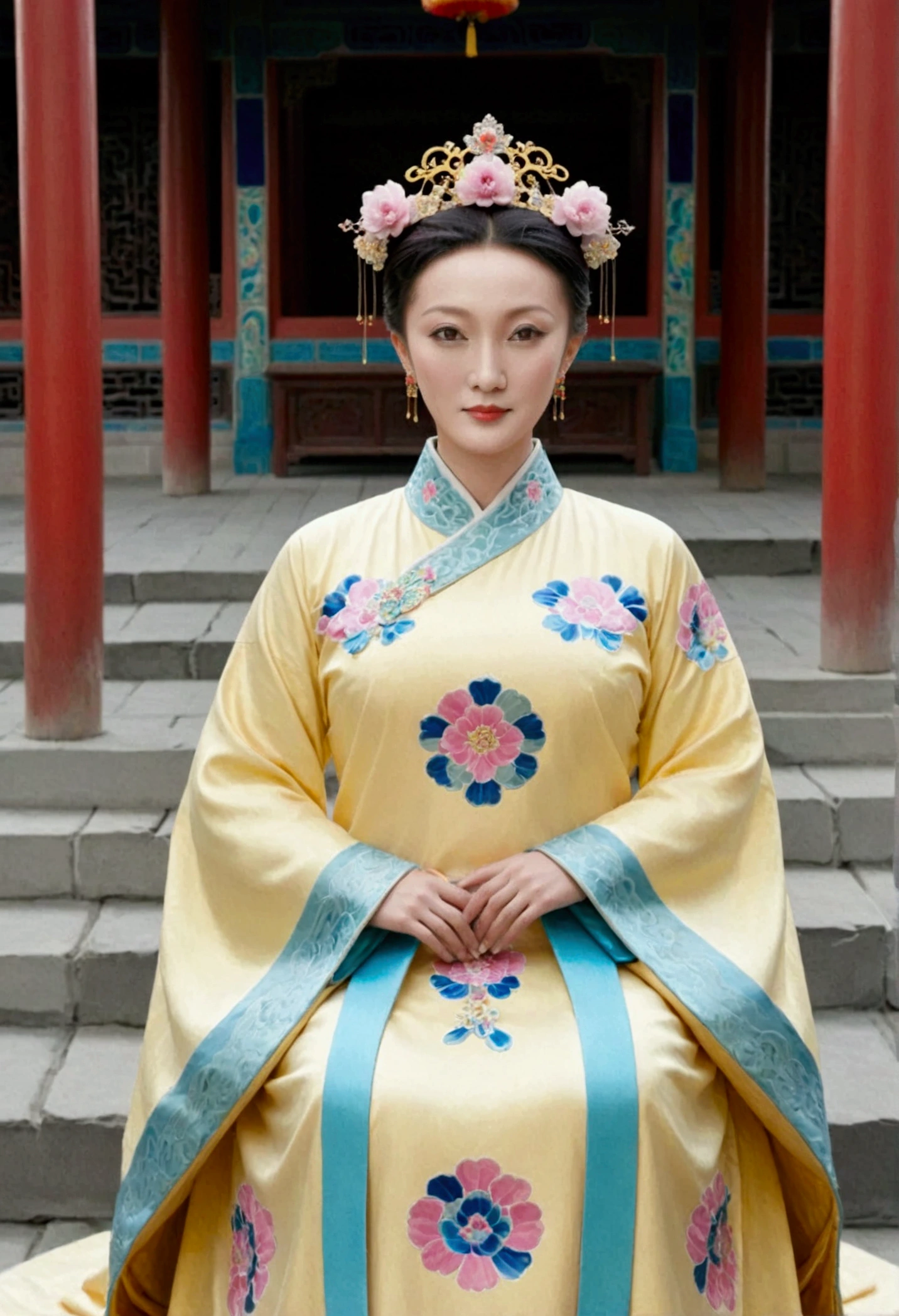 A full-length portrait of the Empress of the Qing Dynasty in a palace during the Qing Dynasty. She is naked and has large breasts.. She is wearing a crown and a flower hairpin.、. The background is the stone paving of a Chinese palace during the Qing Dynasty....