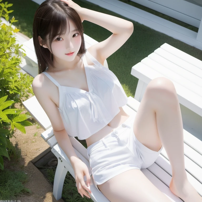 a Japanese girl wearing a white top and white shorts sits on a bench., a cute Chinese model, Japanese Model, Photo of slim girl model, A young Korean girl, Pale milky porcelain skin, Young Sensual Gravure Idol, Real young gravure idol, Young and skinny gravure idol