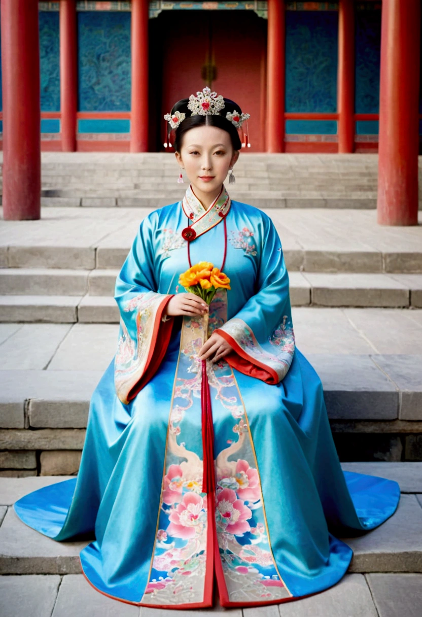 A full-length portrait of the Empress of the Qing Dynasty in a palace during the Qing Dynasty. She is naked and has large breasts.. She is wearing a crown and a flower hairpin.、. The background is the stone paving of a Chinese palace during the Qing Dynasty....