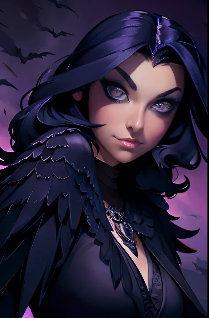 a dark haired woman with wings and a purple background, dark feathered wings, raven monster, dark fantasy style art, in style of dark fantasy art, raven wings, dark fantasy illustration, fantasy dark art, an ominous fantasy illustration, jen bartel, among ravens, dark illustration, dark fantasy art, raven, dark crow, by Yang J, dark art style