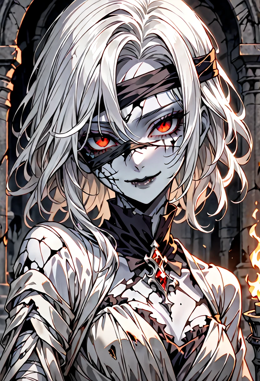 solo, female, grey skin, long white hair, silver hair brooch, dry body:1.2, bandages, blindfolded, decaying body, gentle smile, face, pinup pose, elegant rotten gown, dressed in royal rags, graceful, close up, crypt, dark, worn clothes, thin hair, torch, ghoul girl, cracked skin, close up
